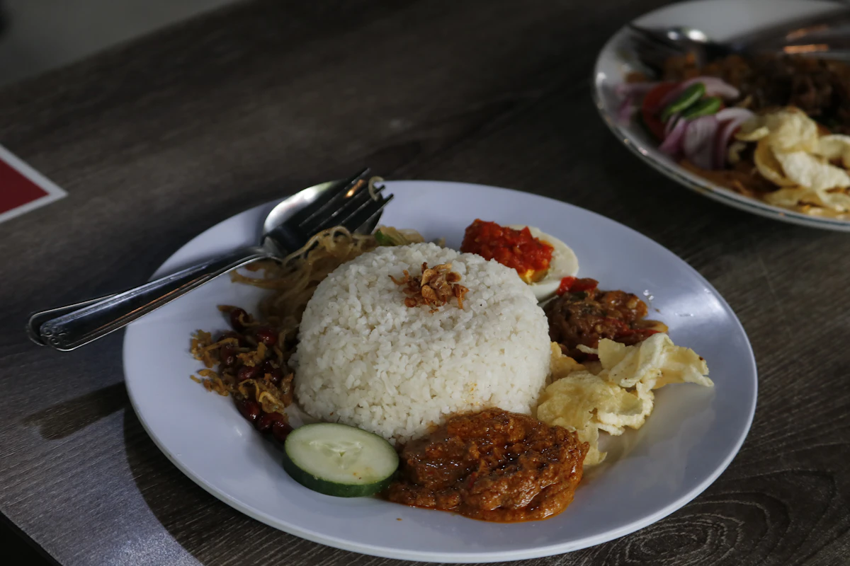 Rice plate with sambal and accompaniments