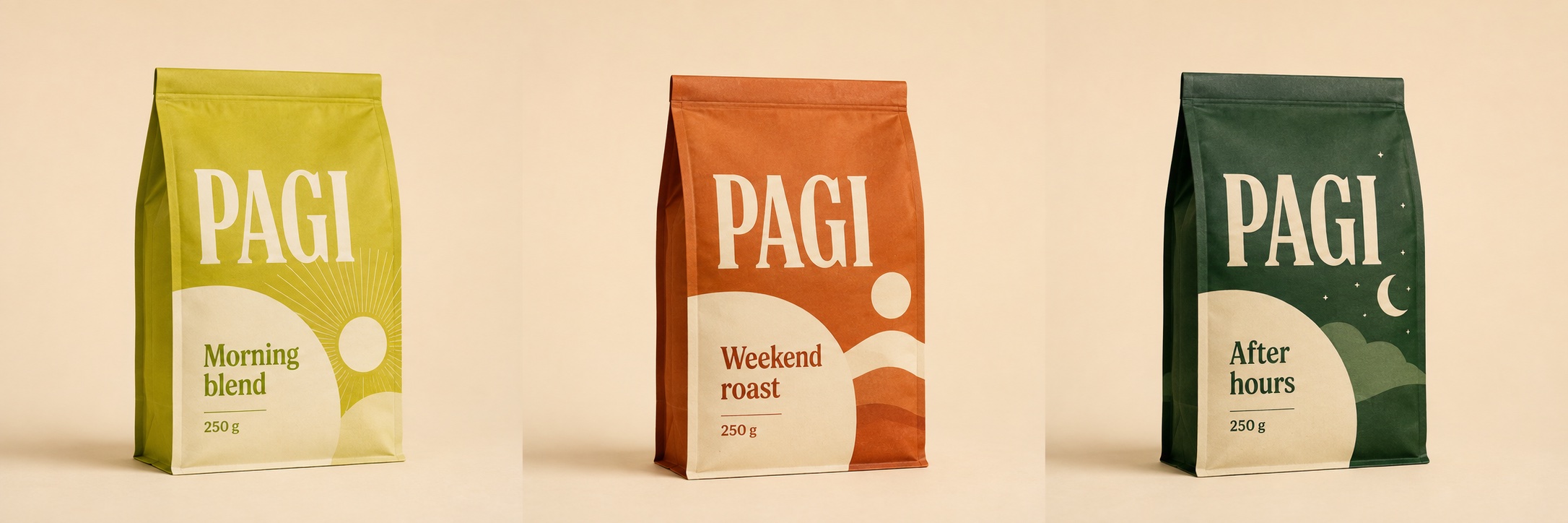 Fictional Pagi coffee packaging artwork